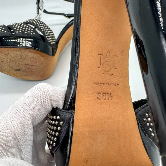 ALEXANDER McQUEEN Black Studded Leather Peep-Toe T-Bar Platform Heel Size: 8.5 - Picture 5 of 5